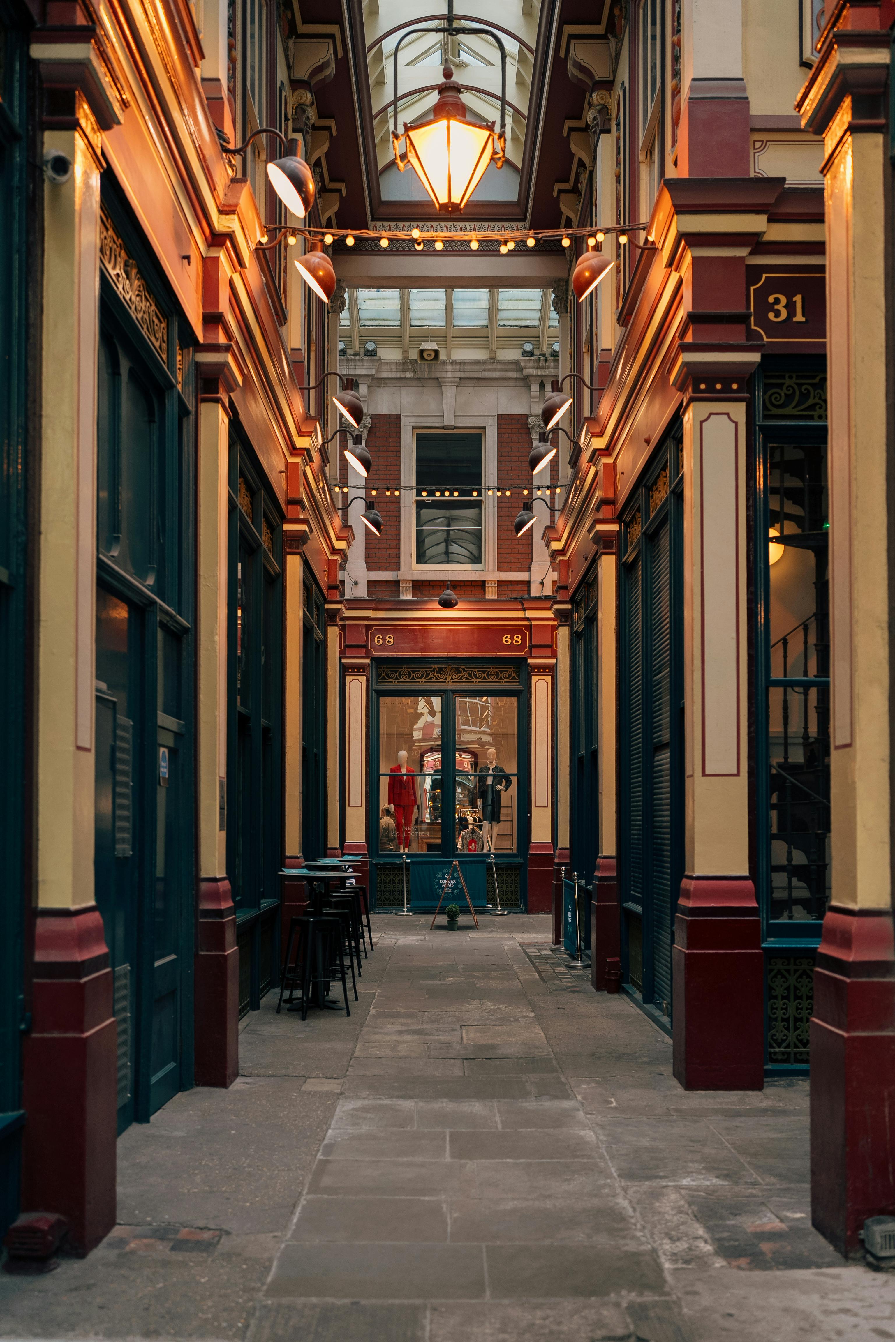 View of Leadenhall Market's quaint alleyway, ideal for exploring London's historic charm.