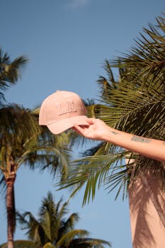 A pink LA cap is held up against a backdrop of palm trees under a clear blue sky in Los Angeles.