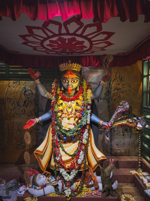 Free Vibrant idol of goddess Kali adorned for Kali Puja in Kolkata, India. Stock Photo