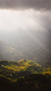 Breathtaking view of sun rays breaking through clouds over Erbaa in Tokat, Türkiye.
