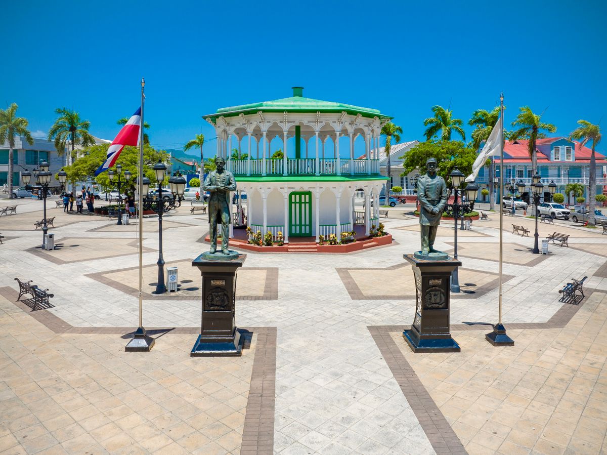 Aerial view of Central Park with statues and gazebo in Puerto Plata, Dominican R