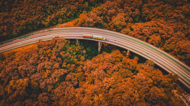 Scenic aerial shot of a forest in autumn with a curving highway bridge and a truck crossing.