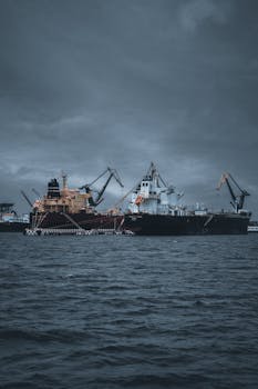 Moody ocean view featuring cargo ships and cranes under a dramatic sky.
