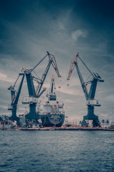 Impressive shipyard cranes towering over a docked vessel, showcasing industrial might.