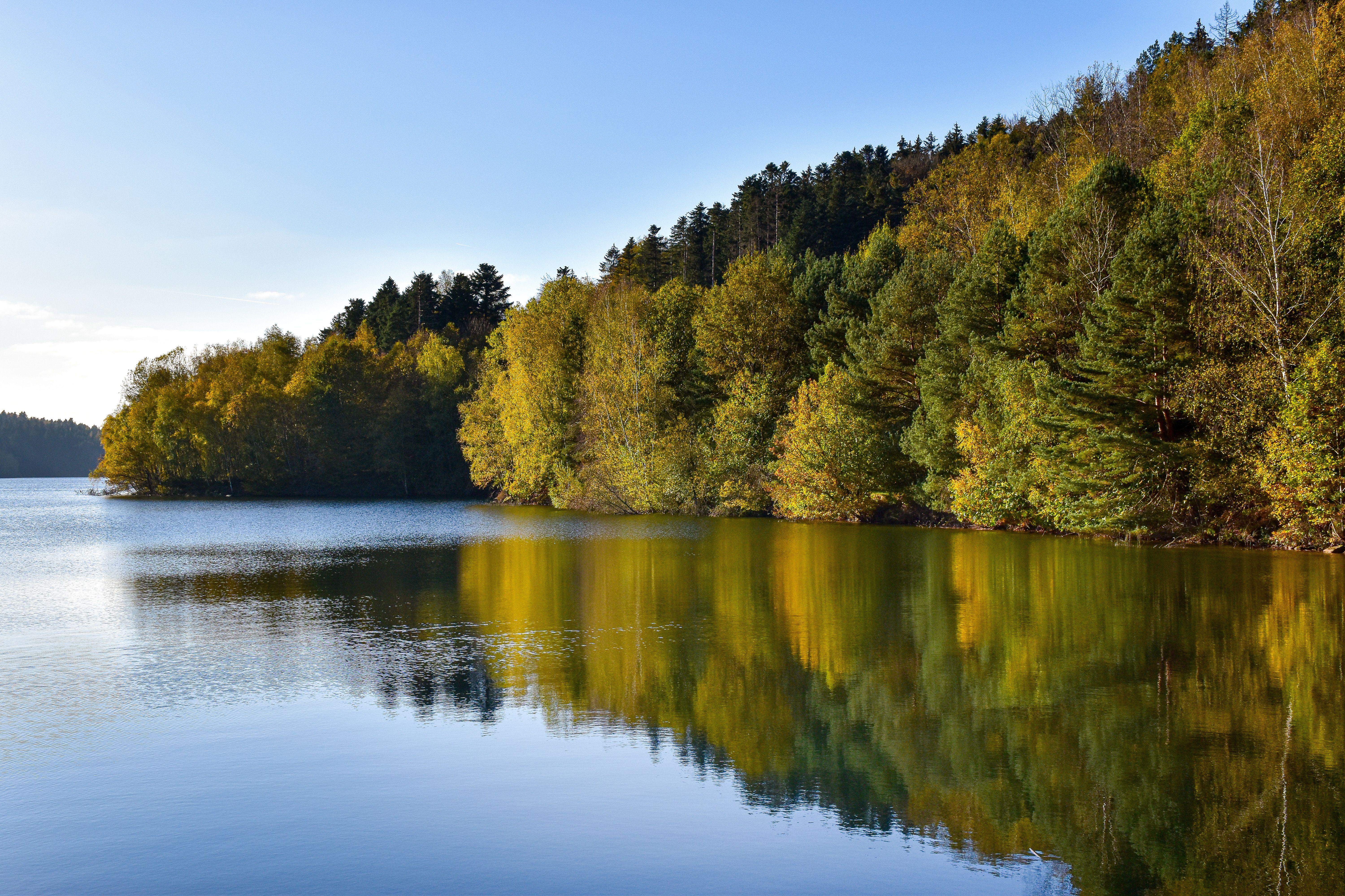 Fotomural Impresionante vista del lago Pierre-Percée con el reflejo del exuberante bosque en otoño.