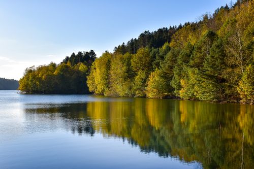 Free Stunning view of Pierre-Percée Lake with lush forest reflection in autumn. Stock Photo