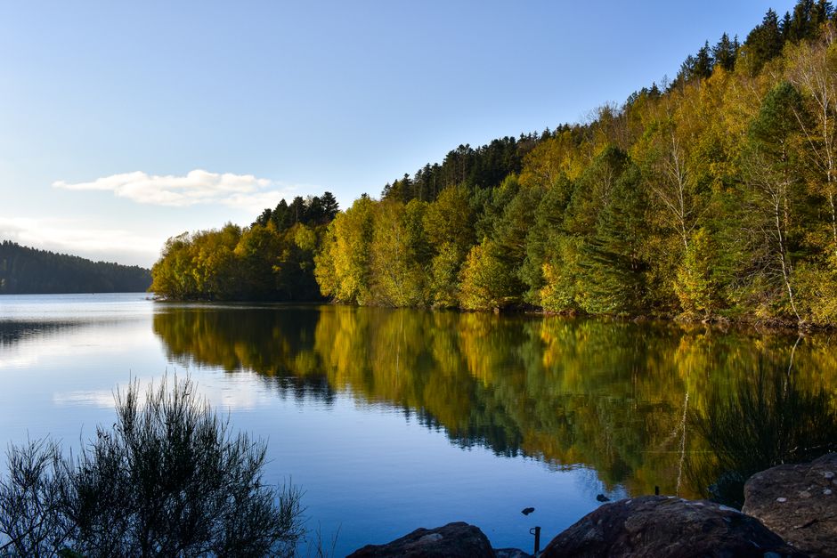 Fotomural Tranquilo paisaje otoñal del lago Pierre-Percée con vibrantes reflejos de follaje.