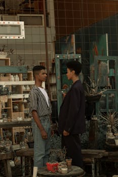 一对时尚的年轻黑人夫妇的肖像，立于一处带有复古装饰的艺术花园中