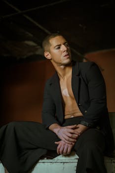 一位时尚男士在室内摆着姿势，他身穿敞开的黑色夹克和长裤，散发着风格与自信