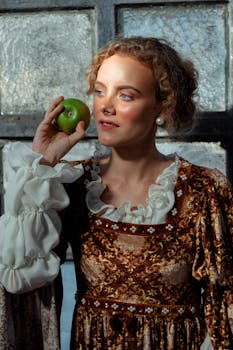 一位穿着文艺复兴服装的女人，手拿青苹果，在室内沉思地凝视着