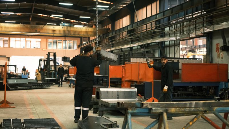 Workers operating machinery in a manufacturing factory