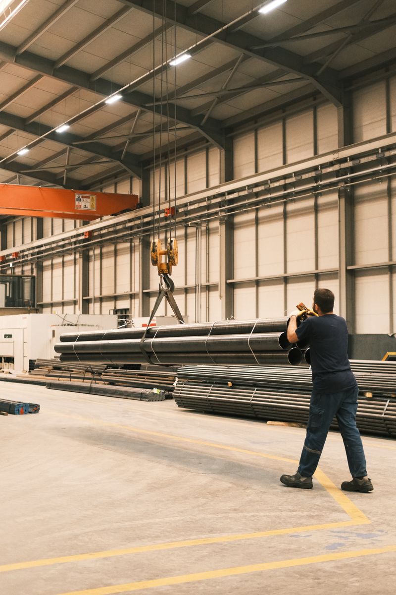 Industrial plant interior with metal pipes and overhead crane subject to AS1418 inspection, NDT and load testing
