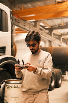 A man controlling a drone in an industrial warehouse with heavy machinery