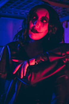 Eerie portrait of a person in Halloween makeup and costume with moody lighting.