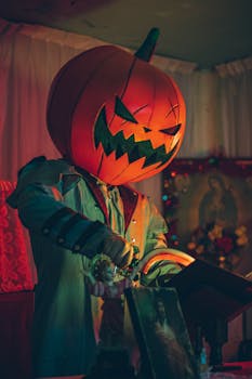 A spooky pumpkin-headed figure in a dimly lit room, perfect for Halloween vibes.
