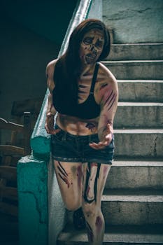 A person in zombie makeup poses on stairs, evoking a spooky Halloween vibe.