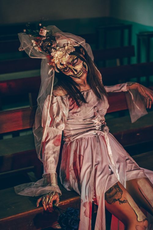 Free Detailed artistic cosplay portrait with eerie skeleton makeup and floral headdress. Stock Photo
