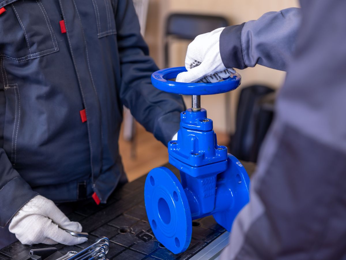 Two technicians adjusting a blue valve indoors.