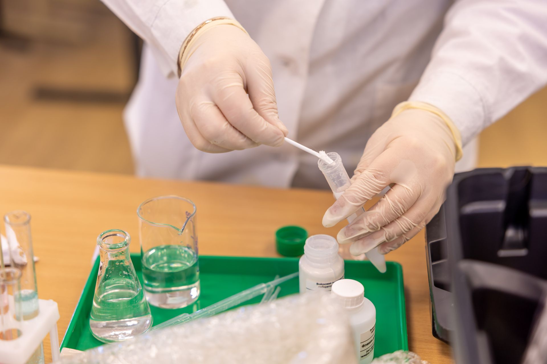 Scientist in gloves handling test tubes for a laboratory experiment.