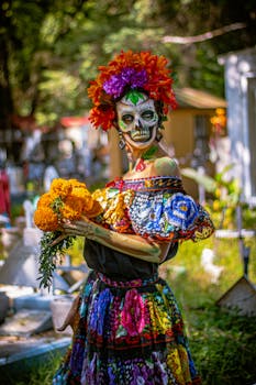 Catrina in colorful dress with marigolds in a Mexican cemetery for Day of the Dead.
