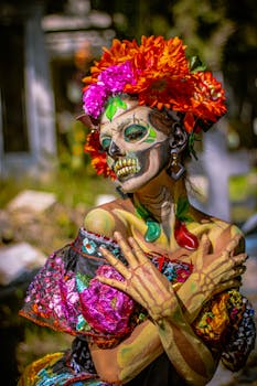 Artistic portrayal of a Catrina in traditional dress celebrating Dia de los Muertos.