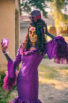 Woman in vibrant Catrina makeup and costume celebrating Day of the Dead outdoors.