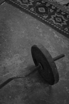 Black and white photo of a dumbbell on a patterned rug, vintage style.