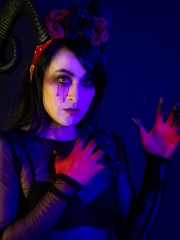 A striking Halloween costume with devilish makeup and horns.