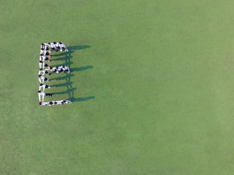 Aerial shot of a group of people forming the letter 'E' on a green grass field.