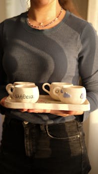 Woman holding handcrafted ceramic mugs with artistic designs in warm sunlight.