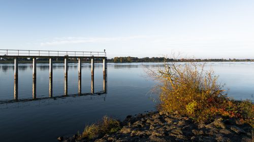 Free Tranquil morning view of the river in Geesthacht, Germany with clear skies and vibrant foliage. Stock Photo
