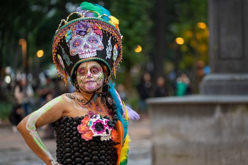 Free Vibrant Catrina costume display in Mexico City, celebrating Mexican culture and traditions. Stock Photo