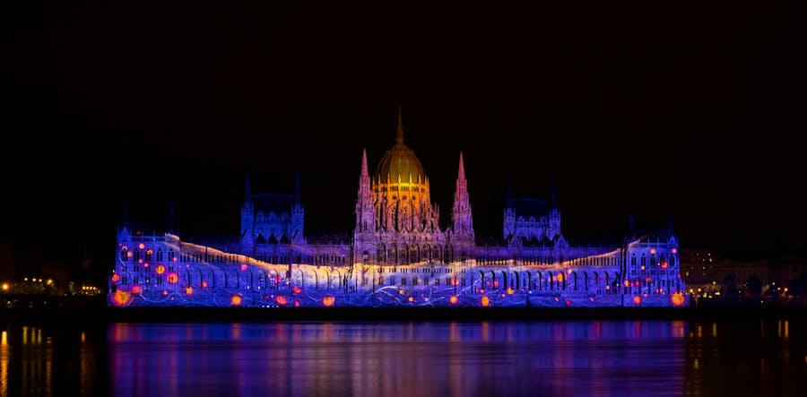 Hungarian Parliament Building illuminated at night Budapest