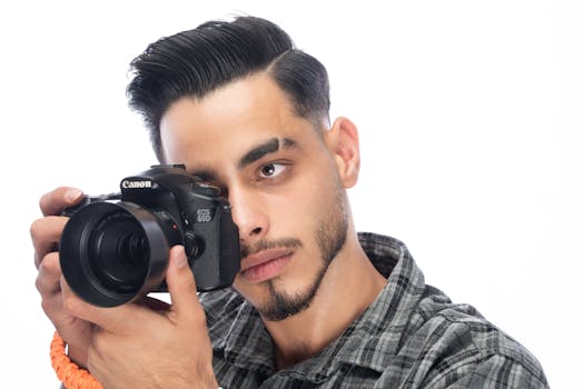 Young man holding a camera in professional portrait photo.