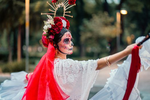 Colorful Catrina costume with floral headdress, shot during a festival in Mexico City.