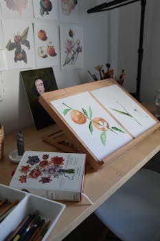 Creative artist workspace in İstanbul showcasing botanical illustrations and artistic tools.