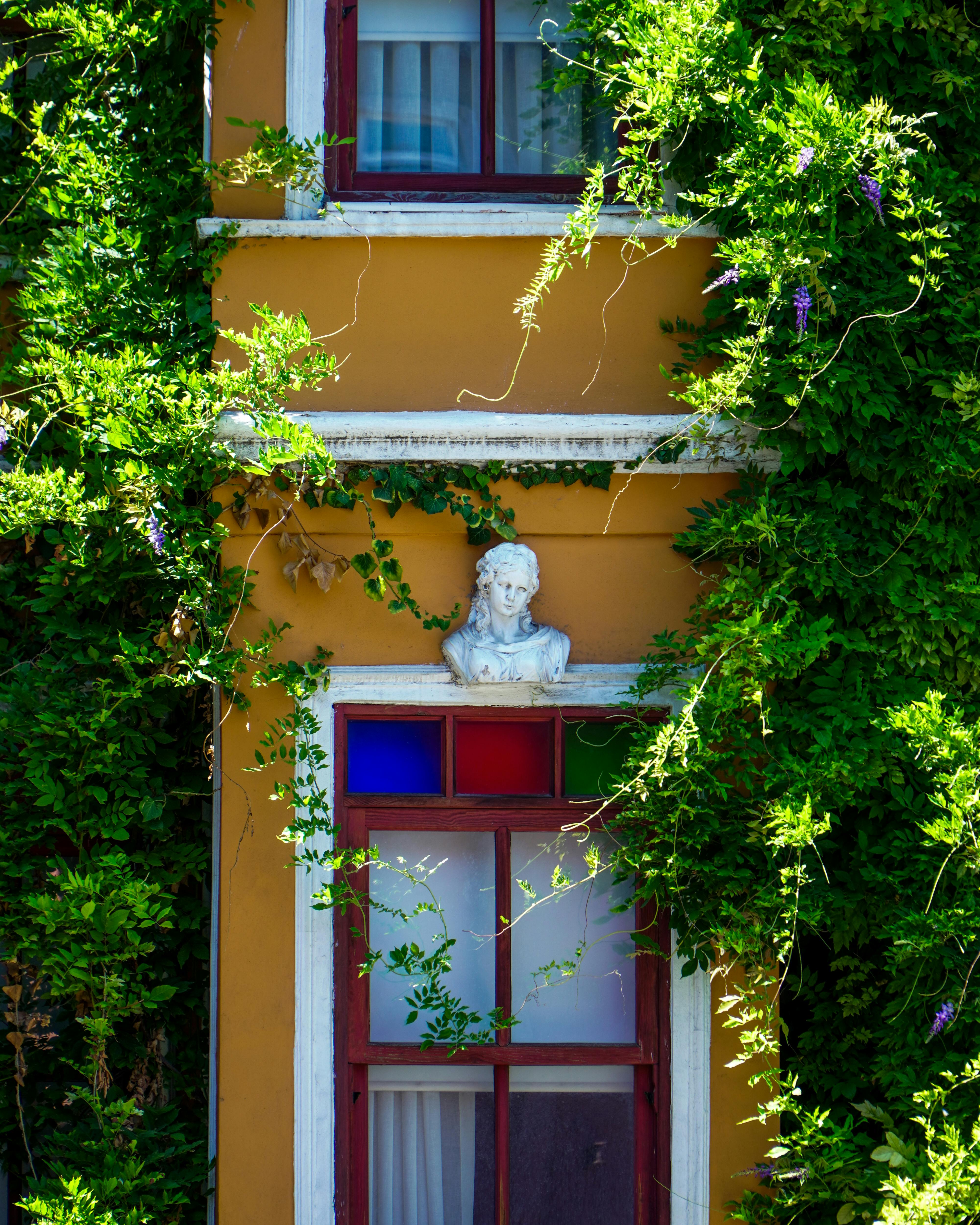 classical bust on colorful window in istanbul house