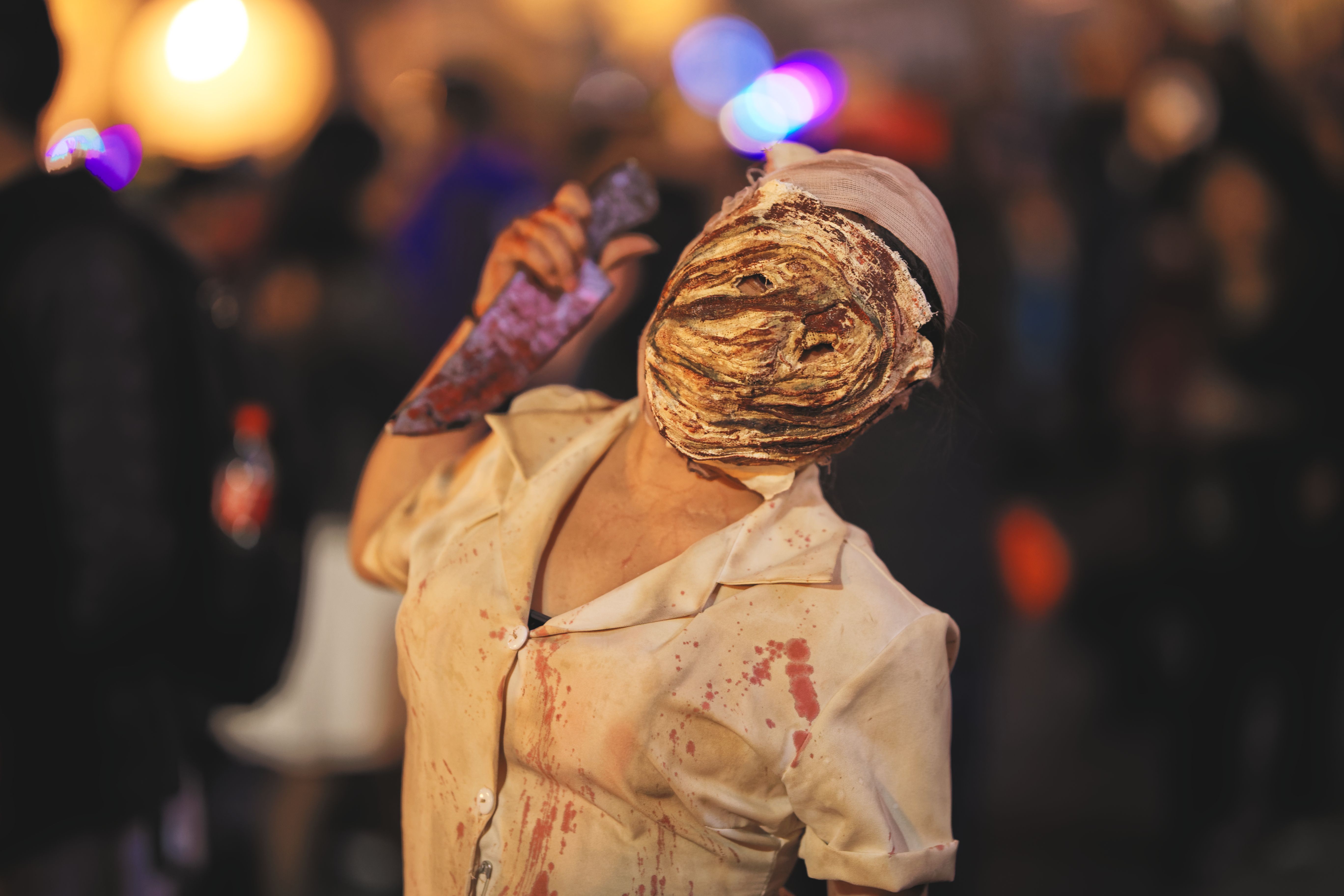 Scary Halloween costume in Arequipa, Peru showcasing a gory and eerie appearance.