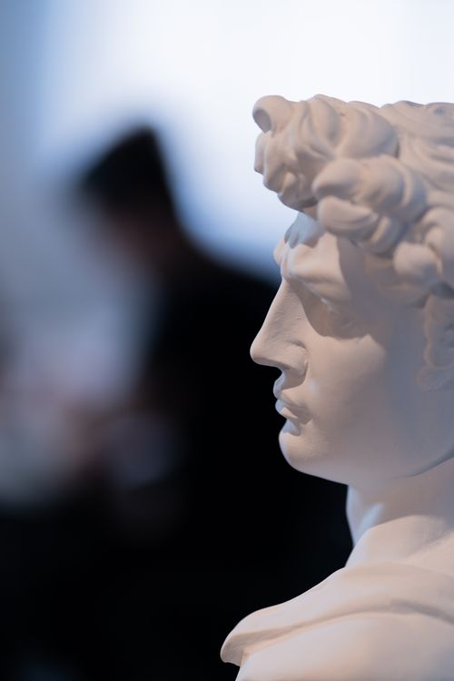 Free Profile view of a classical marble sculpture with blurred background indoors. Stock Photo
