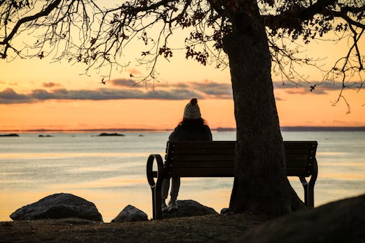 A peaceful autumn morning at Stamford waterfront with person sitting on a bench under a tree, enjoying the sunrise.