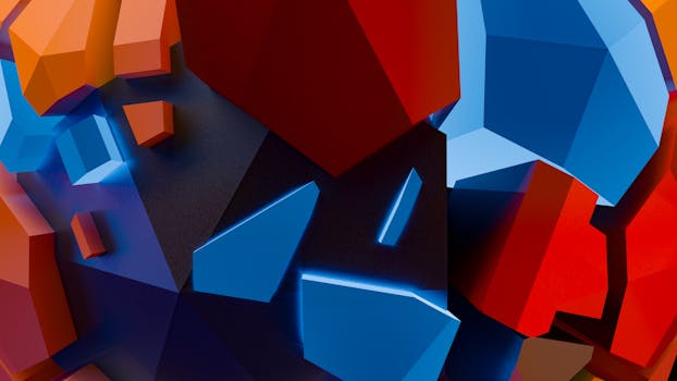 A dynamic 3D abstract composition featuring colorful geometric shapes with a neon finish.