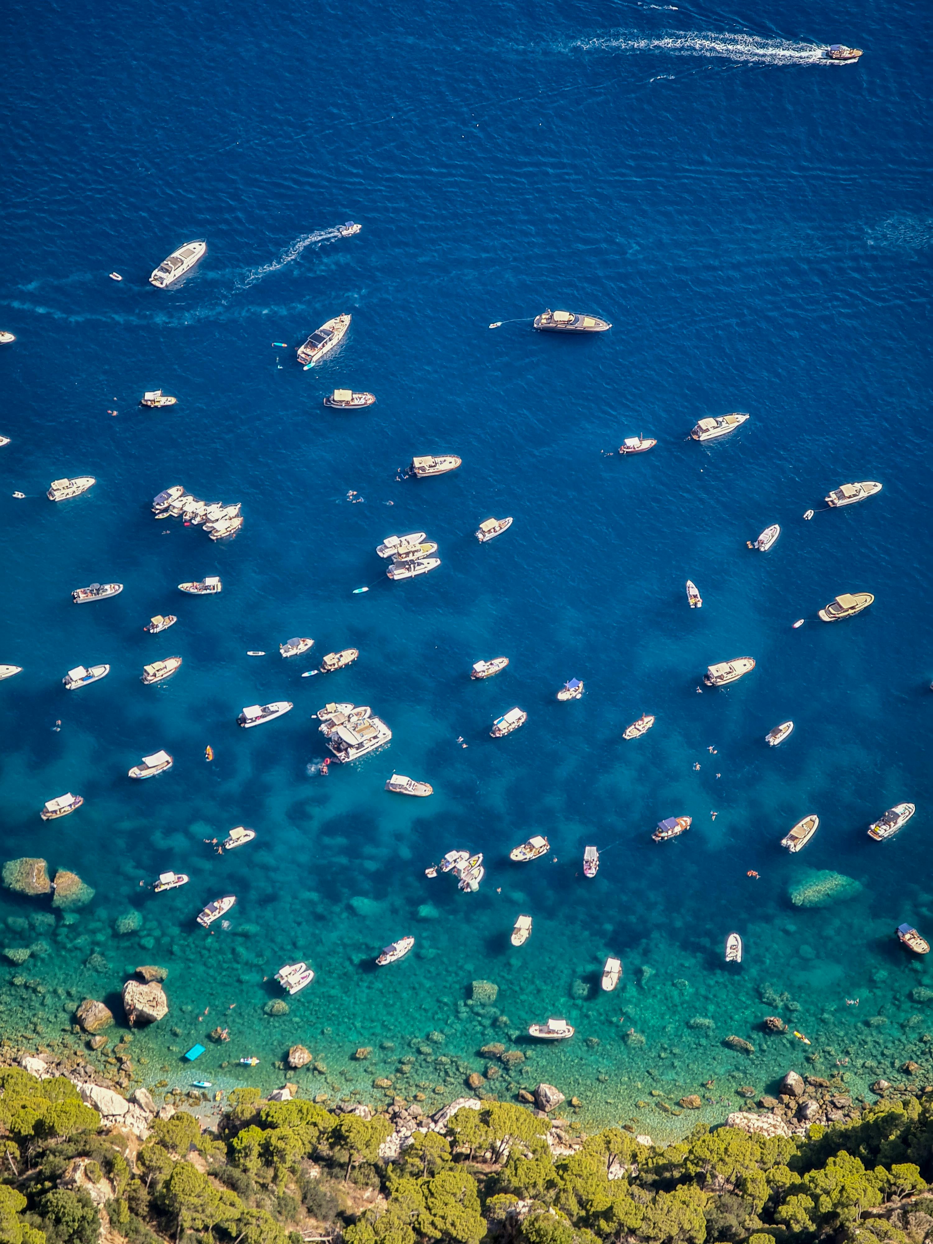 Aerial view of boats in Capri's clear blue waters