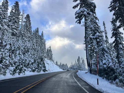 Free A serene snowy road winding through a forest during winter, capturing nature's beauty. Stock Photo