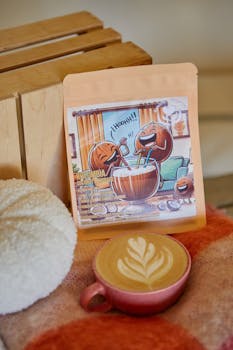 Warm indoor coffee scene showcasing latte art and coffee packaging with artistic design.