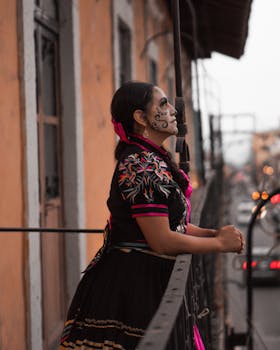 Young woman in traditional dress with painted face standing on a balcony during twilight.