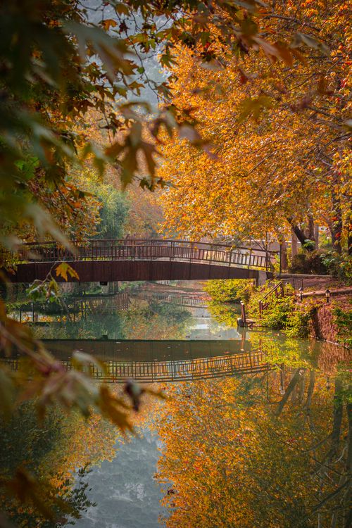 Free A serene autumn scene with a bridge reflecting in a calm river in Adana, Türkiye. Stock Photo