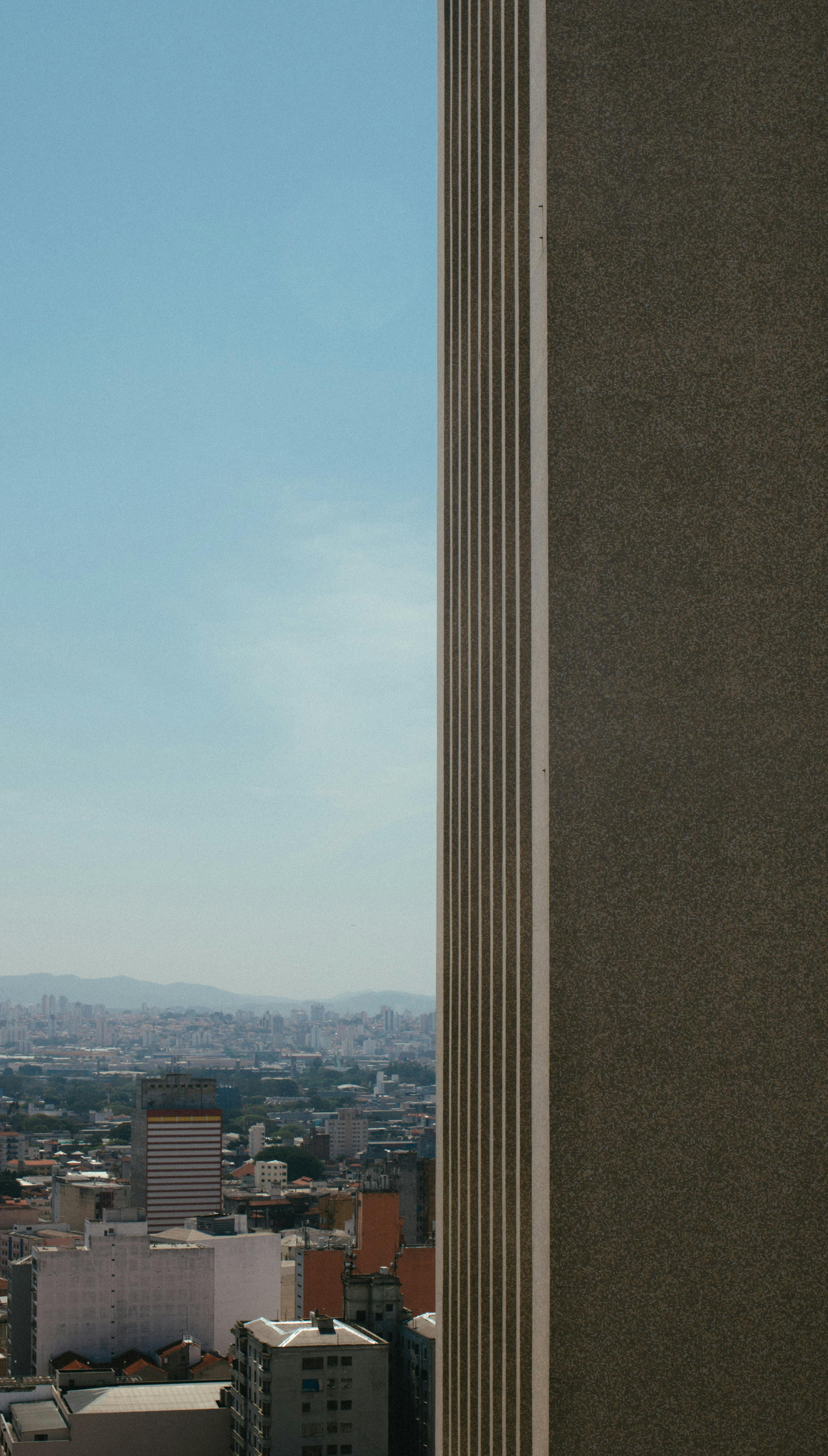 在晴朗的蓝天下，高楼大厦勾勒出城市的天际线