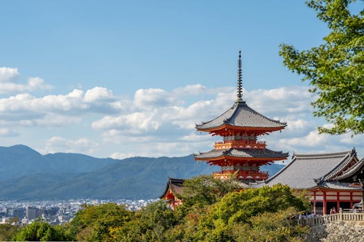 A stunning view of Kiyomizu-dera Temple in Kyoto with mountains in the background under a clear sky.