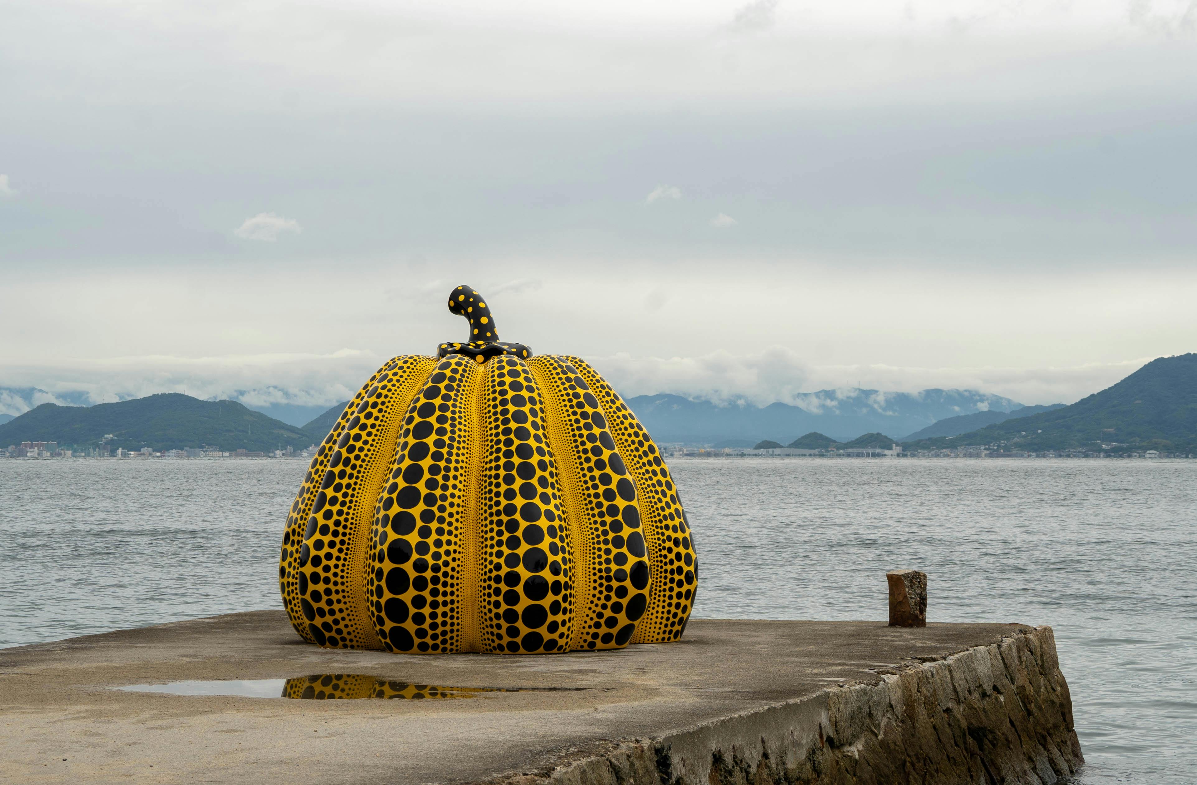 Naoshima Island outdoor art installation with pumpkin sculpture