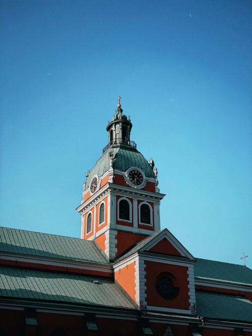 Free Capture of St. James's Church in Stockholm, Sweden under a clear blue sky. Stock Photo